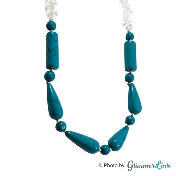 Two Tone Faux Turquoise Beads & Clear Quartz Chips Silver Tone Necklace - Picture 5 of 8